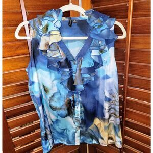 Sioni Blue Watercolor Ruffled Collar Sleeveless Blouse Art Cottage Floral Size S